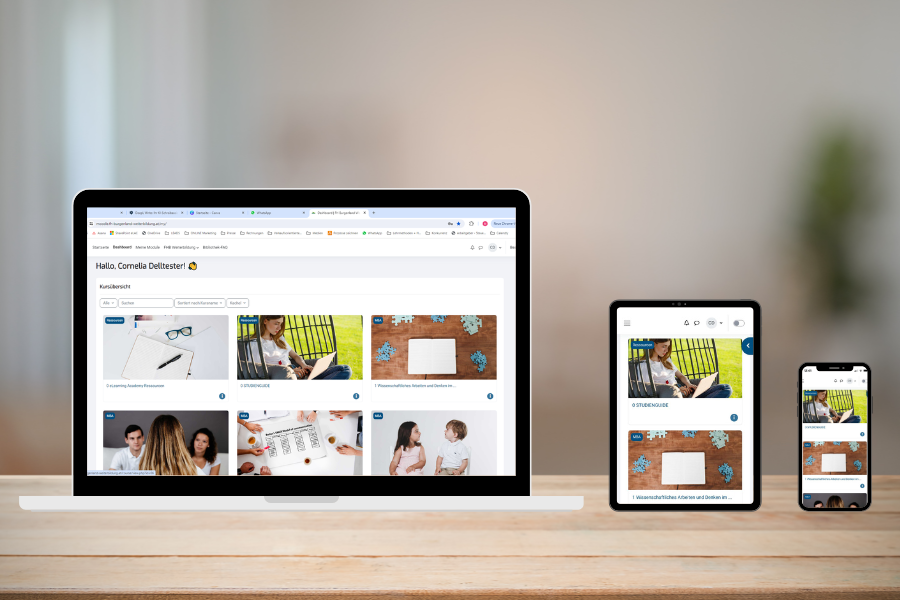 Darstellung des Online Campus auf Laptop, Tablet und Smartphone