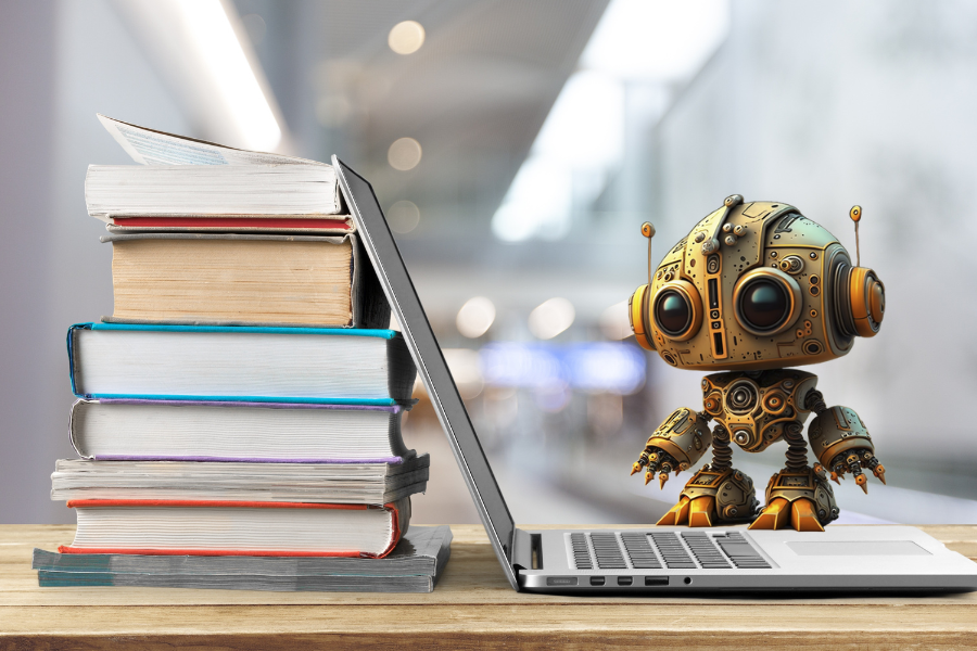 Laptop und Bücher mit Roboter der darstellen soll, wie mit künstlicher Intelligenz im Fernstudium umgegangen wird