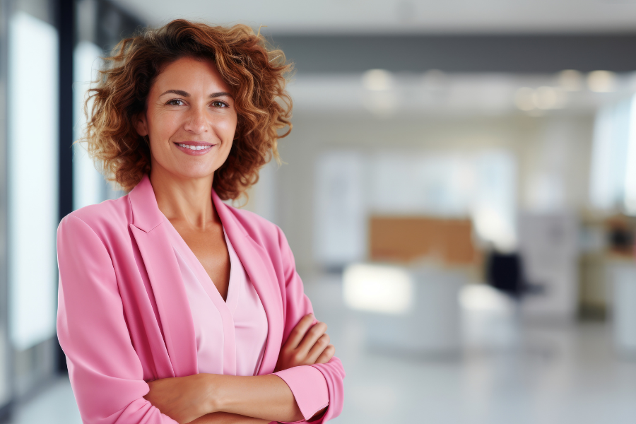 Weibliche Führungskraft mit rosa Blazer in Büro bei Führungskraft Ausbildung