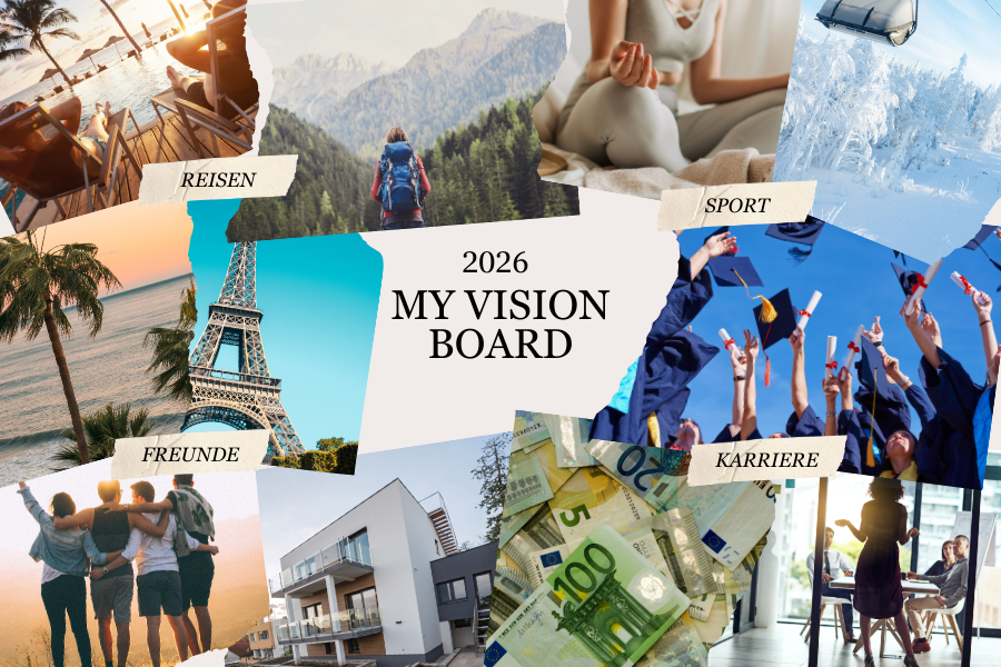 Vision Board, dass die Zukunft nach dem Abschluss eines Fernstudiums in Bildern zeigt