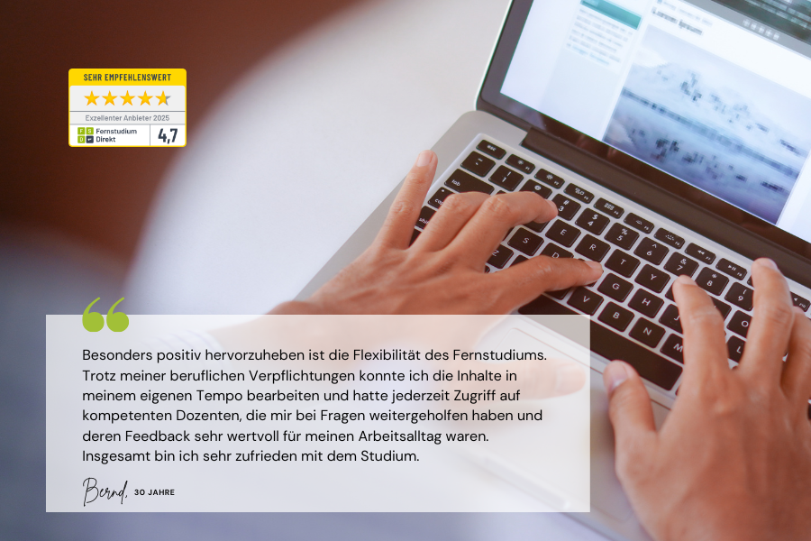 Zitat eines Alumni der eLearning Academy zur Flexibilität im Masterstudium bei fernstudium-direkt.de