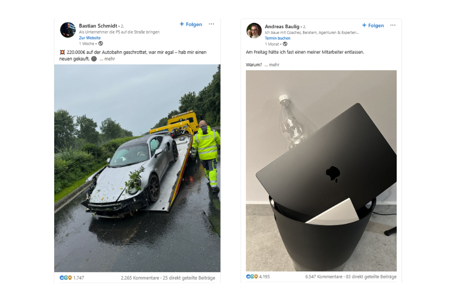 Screenshots von Ragebait Marketing Postings auf LinkedIn