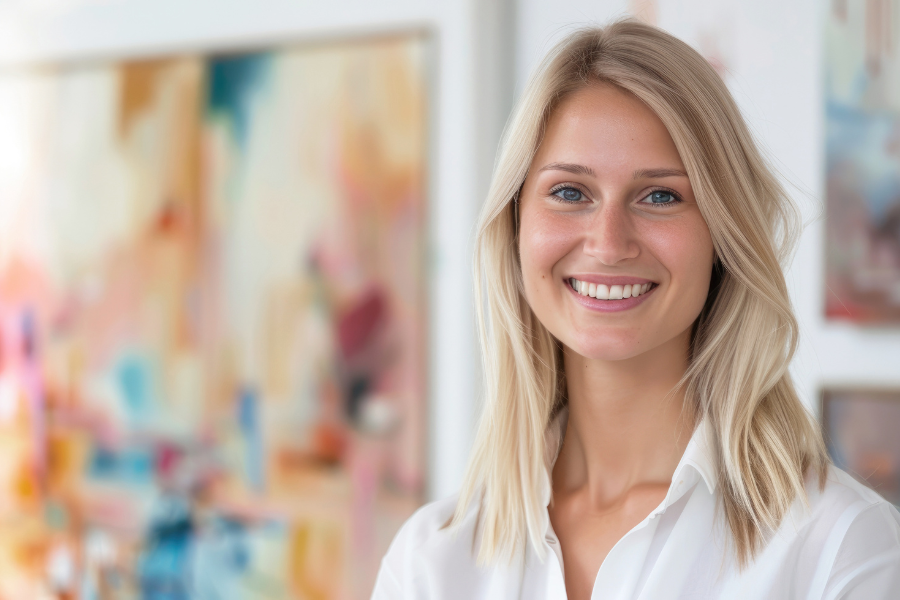 Mitarbeiterin in Kunstgalerie vor einem Gemälde, die ihren Horizont durch ein MBA-Studium Eventmanagement Kunst und Kultur der eLearning Academy und Hochschule Burgenland erweitert