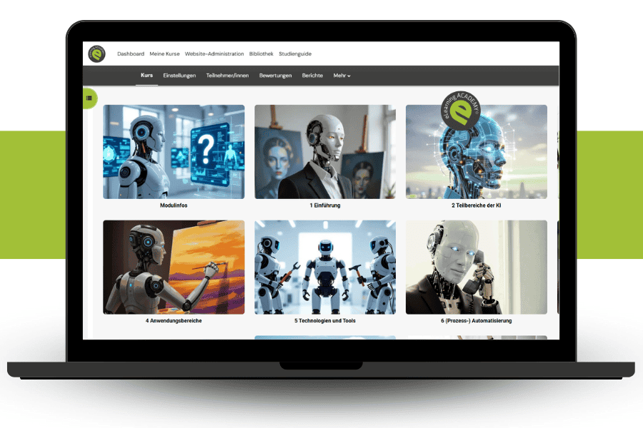 Bild vom Laptop mit Blick in den Online Campus auf das Modul Ki in Marketing und Kommunikation