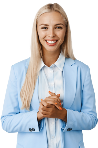 Blonde junge Frau mit hellblauen Blazer - Studentin des Diplomkurses "Marken und Unternehmenkommunikation"