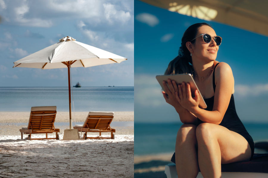 lernen-im-urlaub-oder-nicht-lernen_fernstudium-vor-september-starten Du entscheidest ob du lernst im Urlaub oder nicht. Frau mit Tablet beim Lesen im Urlaub.