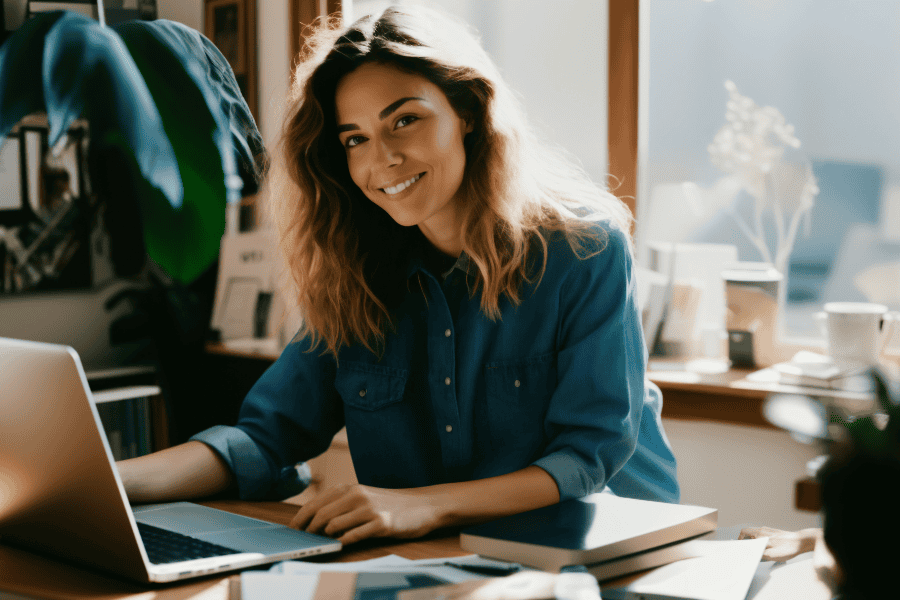 Frau mit Laptop vor ihrem individuellen Lehrplan im MBA-Fernstudium