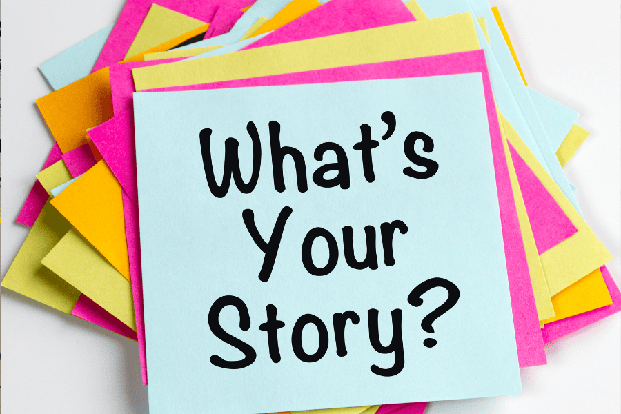 storytelling Post-it mit der Schrift "What's your story?"